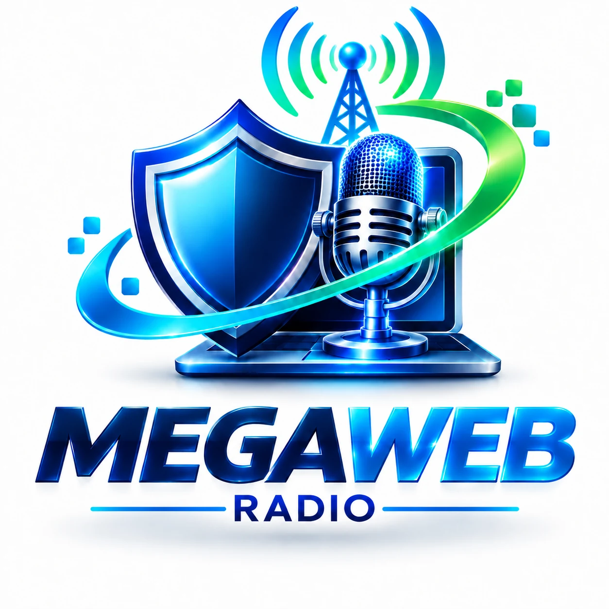 Logo officiel MEGAWEB RADIO, bouclier, microphone et émetteur